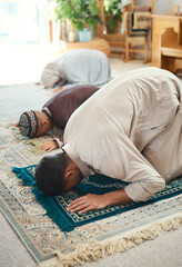 Fototapeta premium Islam, parents and kid on rug with prayer, spiritual intention and religious affirmation in Salah. Sujud, people and child in house with devotion, family worship or Sunnah ritual in Arabic faith.