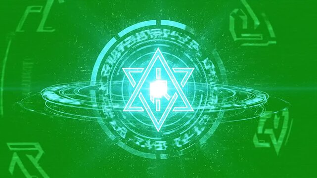 Futuristic green hologram interface glowing on motion background for sci fi graphics and tech hud display concept