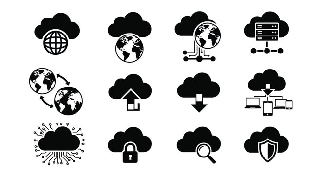 Cloud computing icons set featuring global connectivity data storage security and networking symbols in black and white vector style