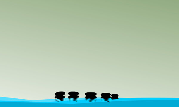 Minimalist zen stacked stones on calm water with soft green background, perfect for meditation, wellness, balance, spa, yoga, and mindfulness themed designs and relaxation concepts