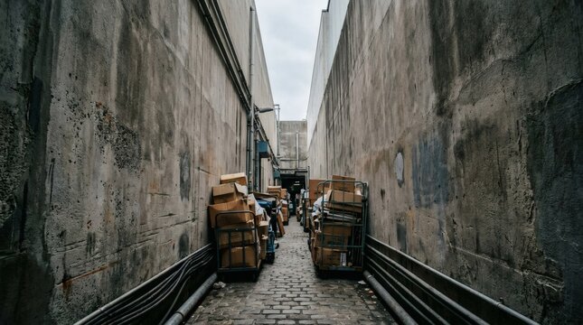Industrial alleyway view featuring narrow concrete walls with cardboard boxes stacked on metal carts along cobblestone ground leading toward dark warehouse entrance under overcast morning daylight.