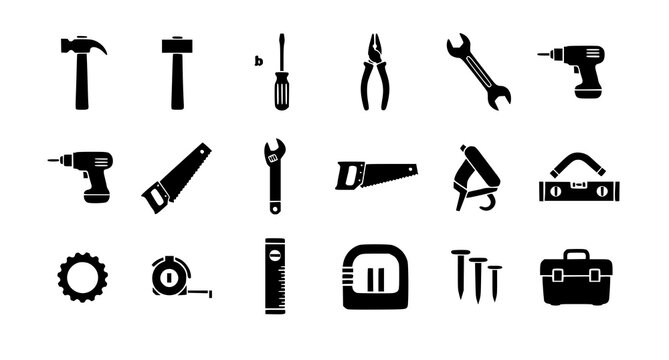 Black silhouette tool set hammers wrenches screwdrivers and more