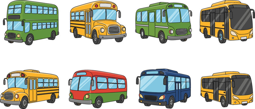 Bus Collection Set with School City Double Decker and Modern Transport Vehicles Isolated Vector Illustration