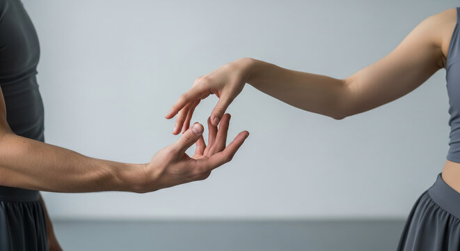 Image of two human hands almost touching, with gray outfit, symbolizing connection, relationship, reaching out, help, love or dance, space for text