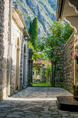 Obraz premium Narrow stone alley in Risan city, Montenegro. Surrounded by old buildings and lush greenery. Mountains in the background create a scenic view.
