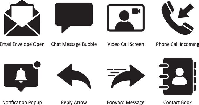 Mobile Messaging Icons, Chat Symbols, Communication Signs, Black Vector Graphics
