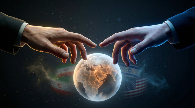 Two hands extending fingers toward a glowing earth globe with flag representations of Iran, Israel and America in background