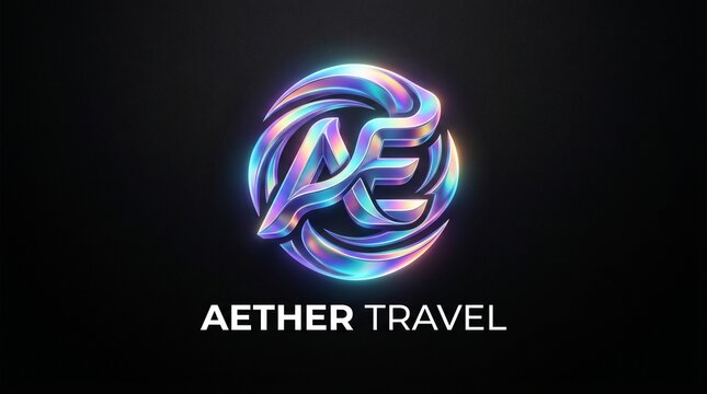 Sleek 3D holographic "AE" circular logo for "Aether Travel,"