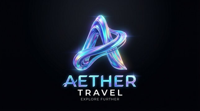 Stunning 3D holographic logo for "Aether Travel" featuring a twisted letter A