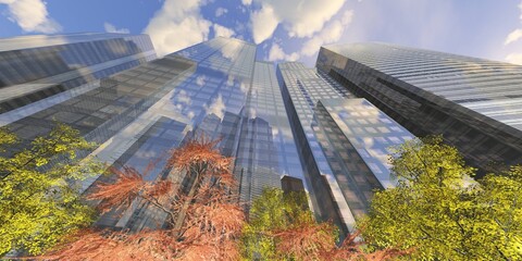 Skyscrapers, high-rise buildings from below against the background of the sky, cityscape, panorama of skyscrapers, 3D rendering © ustas