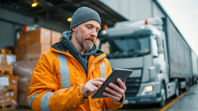 Worker checks schedule and updates cargo information at loading dock during daytime while trucks are parked nearby