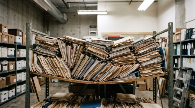 Disorganized archive room with overloaded metal shelves bending under weight of messy paper files and folders showing poor document management and administrative chaos in basement office storage.