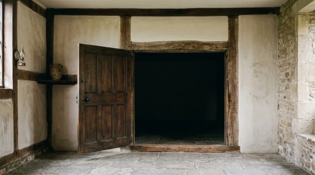 Rustic historic timber framed room with heavy dark oak door leading into black empty space inside ancient stone farmhouse showing heritage architecture and traditional craftsmanship from past eras.