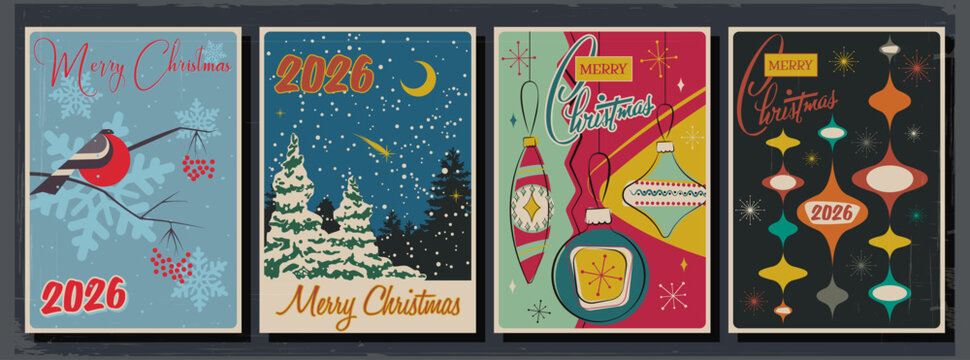 Mid Century Modern Christmas Greeting Cards, 1950s - 1960s Postcards, Merry Christmas Illustrations, Vintage Colors, Aged Paper Texture
