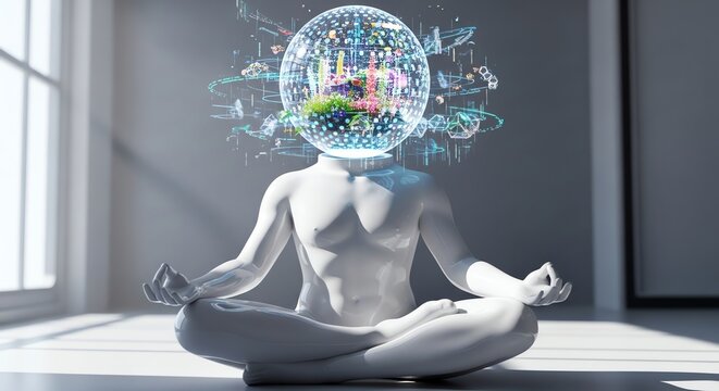 Meditating figure with digital mindscape visualization