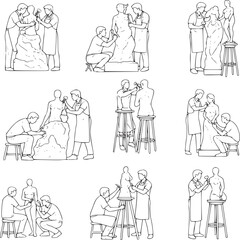 Obraz premium Minimalist line art sculptors set, professional artists carving stone statues, 9 vector illustrations of creative workshop scenes