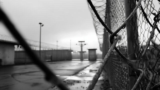 Barbed wire fence with industrial background in black and white creating restricted area concept ideal for security themes, isolation visuals and documentary photography
