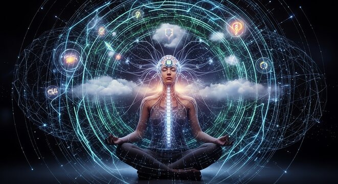 Meditating woman with digital energy aura