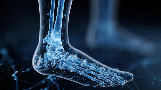 Transparent digital visualization of human foot bones with glowing network connections representing advanced medical technology, diagnostics and futuristic healthcare concept
