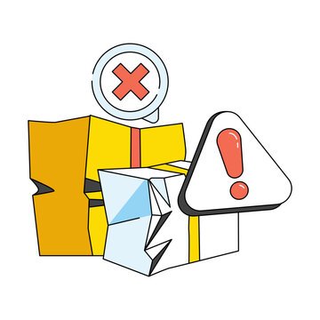 Carton with alert sign, concept of damage package 