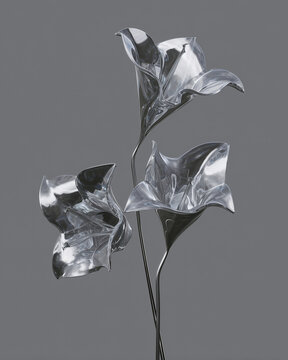 Metallic abstract flowers with reflective chrome surface on neutral background representing futuristic design, modern sculpture and minimal art concept
