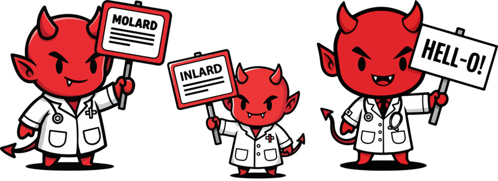 Cartoon devil doctor character set, red demon physician wearing white lab coat and stethoscope, cute satanic medical mascot holding protest signs