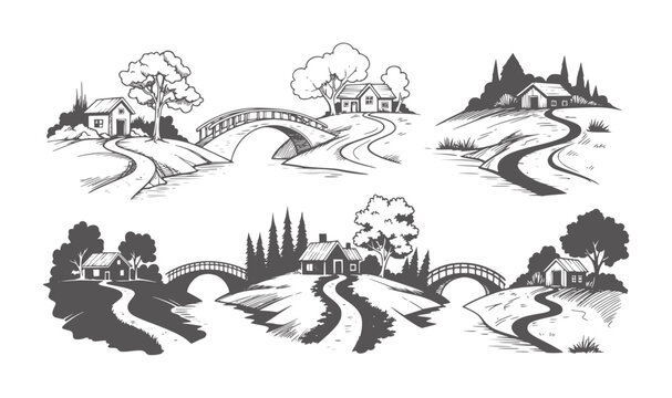 Six black and white rural landscape vignettes with houses bridges and trees home