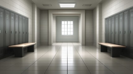 Fototapeta premium Spacious and Modern Locker Room Interior Design with Lockers, Benches, Lighting, and Bright Window Enhancing Athletic Facility Ambiance