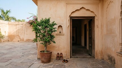 Fototapeta premium Traditional indian courtyard featuring arched doorway with sand colored stone walls and green potted plant beside vintage leather shoes on stone tile floor in historical rajasthani architecture.