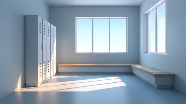Bright and Minimalist Interior of a Modern Locker Room Featuring Metal Lockers and Natural Light Streaming Through Large Windows