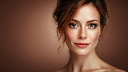 Fototapeta premium Natural Beauty Portrait of a Woman with Freckles and Soft Makeup Against a Warm Brown Background Capturing Elegance and Confidence in Photography
