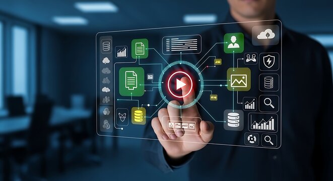 Business technology interface displaying digital media assets documents images and enterprise information system