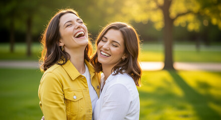 Fototapeta premium Two smiling woman embrace each other outdoor in golden light, showcasing friendship, joy, and connection, perfect for lifestyle or relationship concepts