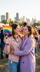 Obraz premium Two smiling people hug, holding a rainbow flag. Represents pride, togetherness, and celebration of diversity at an outdoor event with city skyline