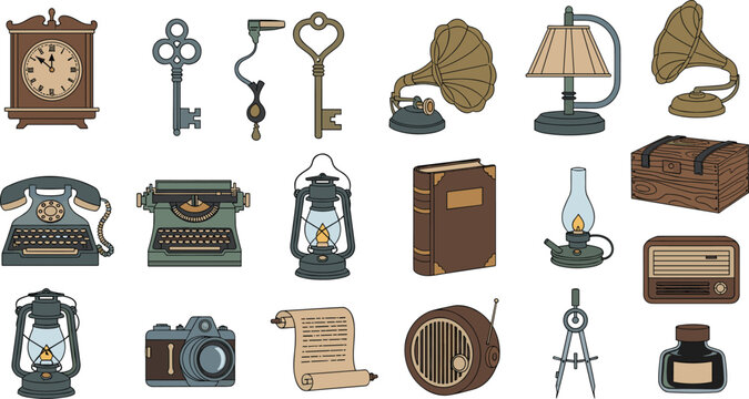Vintage Antique Objects Vector Set Featuring Typewriter Gramophone Clock Camera Lamp and Retro Items