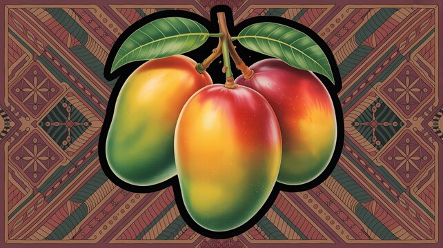 Sweet Ripe Mangoes with Dark Purple and Magenta Tribal Pattern Border for Boutique Fruit Shop Logo and Identity
