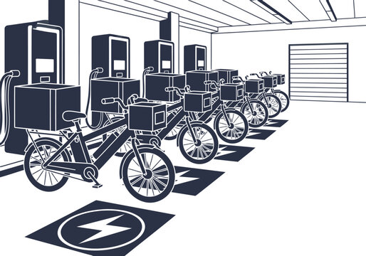 A modern ebike fleet charging hub showcases electric bikes and charging stations. Clean lines and a minimalist design create a professional and sustainable image.
