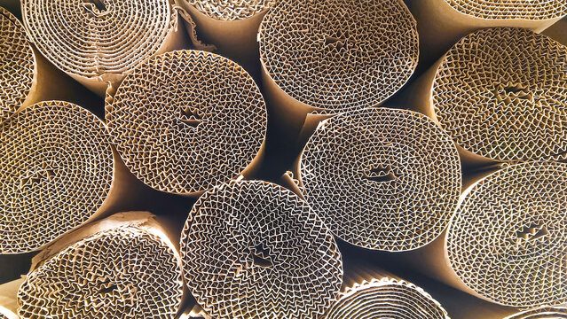 Rolled corrugated cardboard sheets stacked in circular bundles