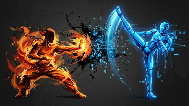Cinematic illustration of a fire elemental entity battling a futuristic blue cybernetic robot. Dynamic martial arts action scene with fire splashes and digital glitch effects on a dark background