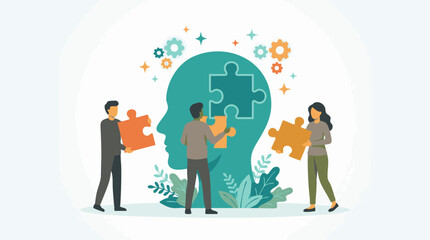 Teamwork assembling puzzle pieces in a human head for mental wellness concept © TRSTOCK