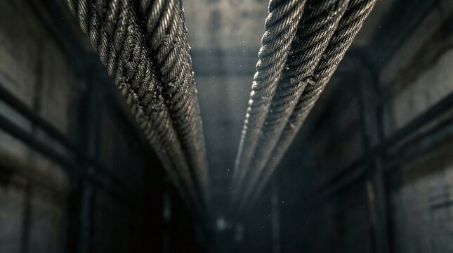Heavy duty steel elevator cables stretching through a dark concrete shaft with dust particles floating in the light