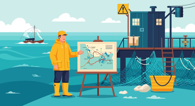 Man in yellow raincoat painting seascape.
