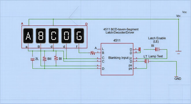 Seven segment display with 4511 bcd to seven-segment latch/decoder/driver