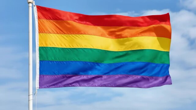 A rainbow pride flag waves on a flagpole against a clear blue sky with soft white clouds. A universal symbol of LGBTQ+ rights, diversity, and inclusion.