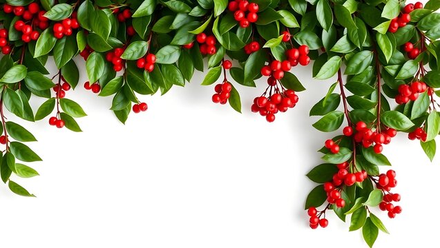 Decorative border of evergreen leaves and red berries hanging from the top on a white background