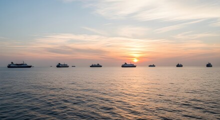Fototapeta premium Multiple passenger cruise ships anchored at sunset over the calm open ocean horizon during a golden hour maritime voyage
