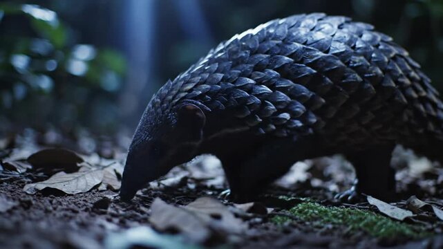 Pangolin Walking Through Tropical Forest at Night. 4K Video
