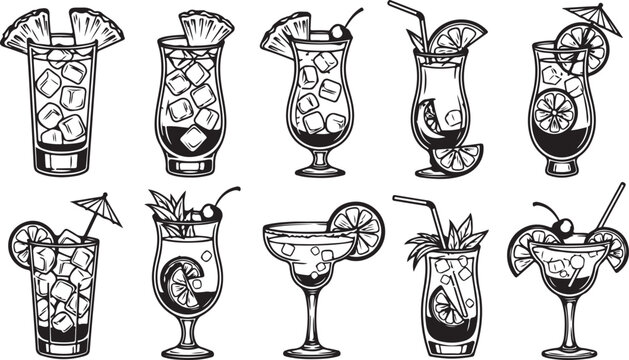 A collection of intricately designed antique glass vases and decanters Vector