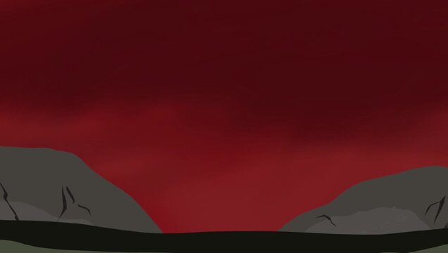 Minimalist flat-style animation of a military aircraft patrolling a war-torn landscape during a deep crimson sunset, evoking a sense of tension and power.