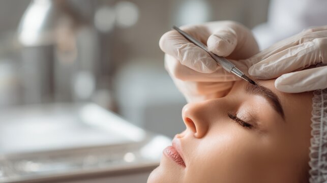 Close-up of eyebrow micropigmentation in a clean cosmetic studio
